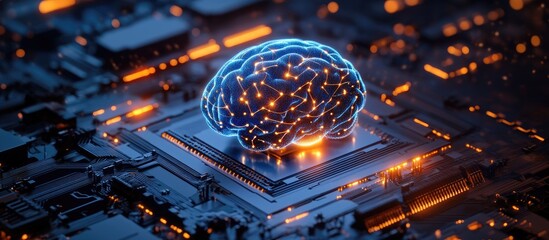 Aufkleber - Blue holographic brain illustration featuring a neural network on a microchip illuminated by a spotlight