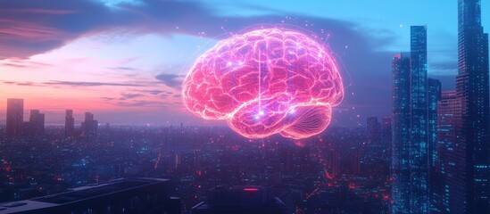Aufkleber - Double exposure of a brain hologram over an urban skyline illustrating a brainstorming concept