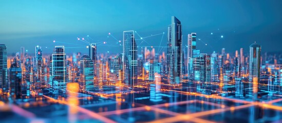 Poster - Futuristic urban architecture set against a blue backdrop showcasing internet of things networks wireless communication and advanced technology in modern information systems