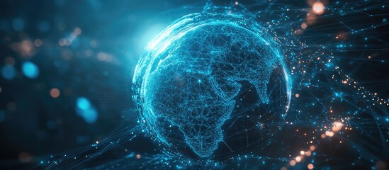 Aufkleber - futuristic cityscape featuring a blue abstract network globe illuminated with light flares designed 