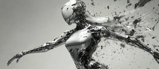Poster - Silver cyborg woman in motion Mixed media artwork
