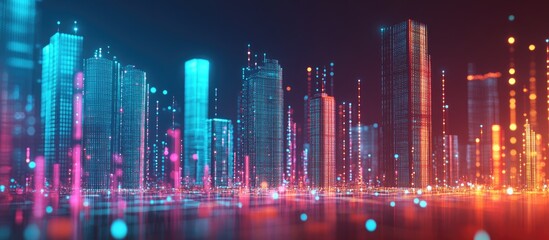 Aufkleber - Abstract representation of a smart city featuring connecting dots and gradient lines symbolizing the concept of big data connectivity in technology