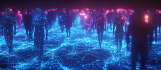 Aufkleber - A vibrant network of neon hued abstract human silhouettes flows across a luminous blue grid interconnected by data pathways in a dark cyberspace setting showcased in 3D rendering 4K footage