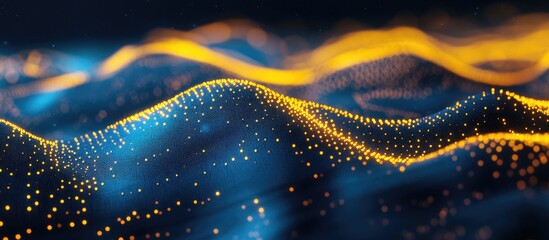 Poster - Illuminated digital waves showcasing a gradient of yellow and blue featuring soft lighting and bokeh effects Represents themes of technology science and data flow