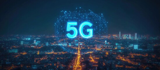 Poster - Digital hologram of a 5G network and internet of things with a cityscape backdrop Wireless technology and connectivity concepts