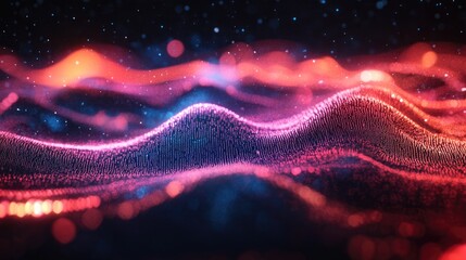 Poster - Abstract sound wave particles and music equalizer in a 3D rendering representing signal transmission and audio dynamics
