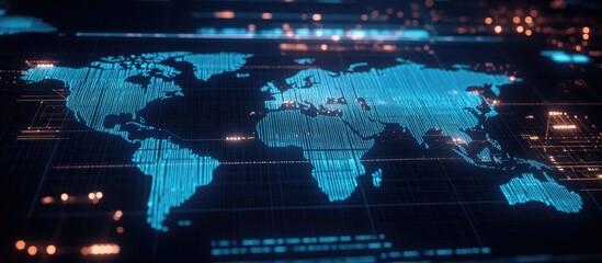 Poster - Abstract digital world map graphic featuring connections on a contemporary computer backdrop representing the concept of globalization through multi exposure techniques