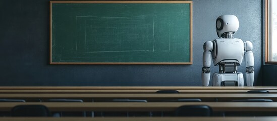 Poster - Humanoid robot positioned in a classroom setting featuring a green chalkboard 3D digital artwork