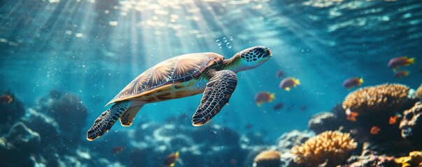 Wall Mural - Sea turtle swims through a coral reef in clear blue water.