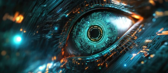 Poster - Blue green eye with cyber circuit design representing concepts of future technology against a dynamic background