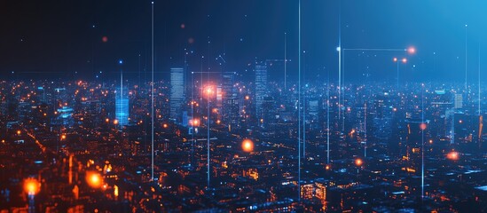 Poster - Urban skyline showcasing wireless network connectivity and technology themes at night Cityscape reflects modern advancements in connection and communication