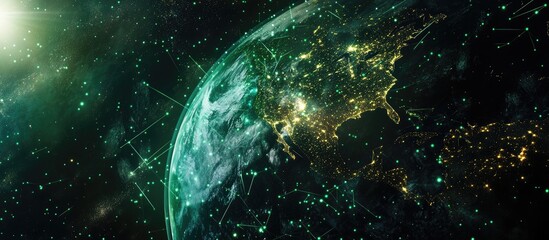 Poster - Earth represented in green from space showcasing global networks Conceptual imagery of sustainable communication and travel featuring a 3D illustration