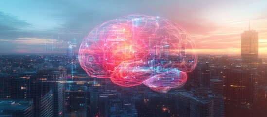 Aufkleber - Holographic brain illustration overlaid on an urban landscape representing the concept of artificial intelligence in contemporary city settings