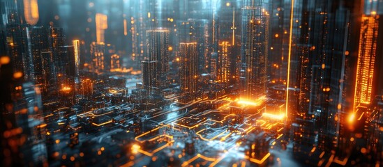 Poster - Contemporary urban landscape illustrating communication networks Emphasizing telecommunication IoT ICT 5G smart cities and digital evolution