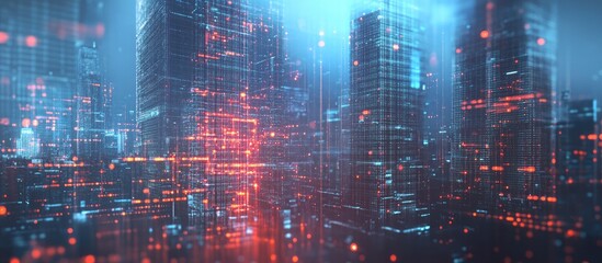 Poster - Double exposure of an abstract virtual technology hologram against a contemporary business center backdrop Concept of research and development software