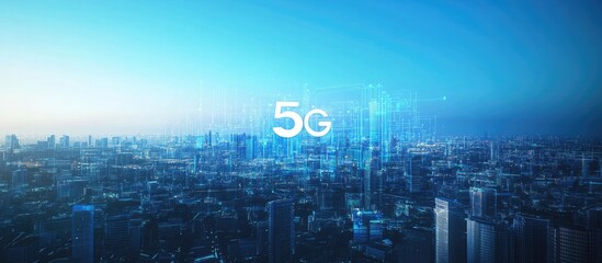 Poster - 5G communication network concept featuring a modern urban landscape with wireless connections set against a blue background showcasing a blue toned cityscape