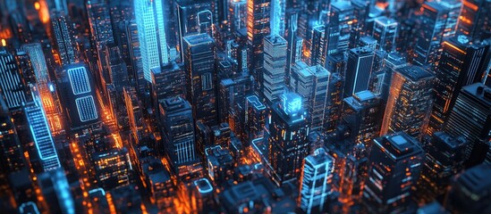 Aufkleber - Aerial panoramic view of a cityscape featuring financial districts with a focus on artificial intelligence holograms and technology concepts like machine learning and robotics