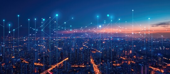 Aufkleber - Modern business district illuminated at night featuring a panoramic view with connection lines and dots in the sky symbolizing the wireless internet network in a smart city