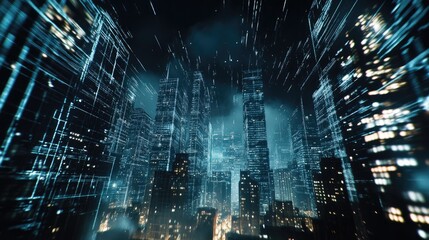 Aufkleber - Holographic data visualization over a city skyline featuring skyscrapers representing an AI concept through double exposure