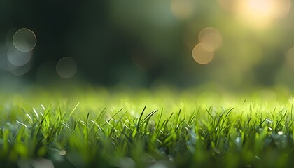 Poster - Lush green grass illuminated by soft, sunny bokeh effects in the background, showcasing natures beauty through a creative lens.