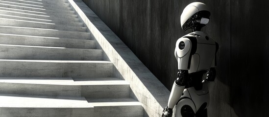 Poster - 3D rendering of a robot exploring possibilities on staircases