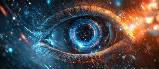 Poster - Futuristic 3D rendering of abstract eyes featuring a universe within the pupils set against a high tech background