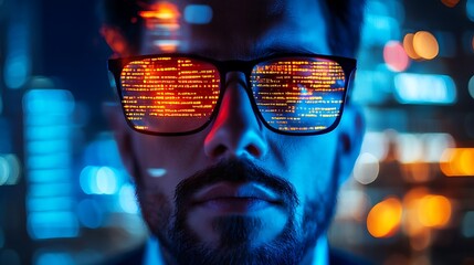 Canvas Print - Man with code reflection in glasses, concept of cybersecurity, data analysis and programming.