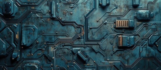 Poster - Abstract grunge futuristic technology backdrop featuring a sci fi circuit pattern on a weathered surface Illustrates urban engineering and cyberpunk aesthetics
