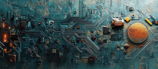 Aufkleber - Abstract futuristic cyber technology background featuring a sci fi circuit design on a textured surface A backdrop showcasing a blend of grunge and advanced tech aesthetics