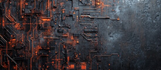 Poster - Abstract grunge background featuring futuristic cyber technology Sci fi circuit patterns on a weathered surface Scratches and marks create a unique urban engineering vibe Cyberpunk aesthetic