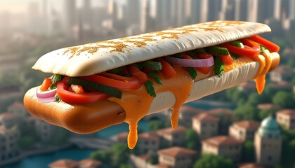 Flying traditional Arabic and Turkish shawarma sandwich, isolated design showcasing culinary fusion with a modern twist