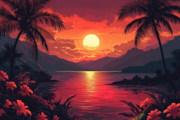 Wall Mural - Palm Trees Silhouetted Against a Sunset Over a Mountainous Tropical Lake