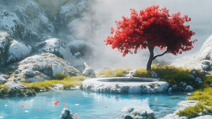 Poster - Single red tree standing on a small island with mist and a blue pond, peaceful nature digital art illustration