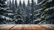 © Toni - Rustic wood board table surface mockup with winter pine trees forest background