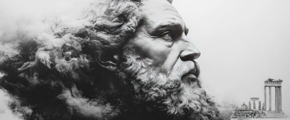 A profile portrait of a bearded, ancient Greek man with a white background and blurred ruins in the background.