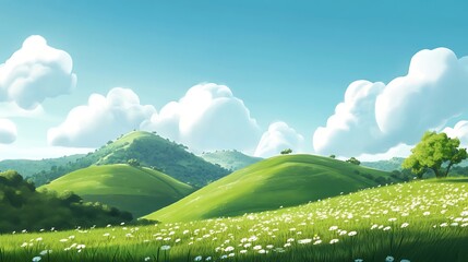 Wall Mural - Beautiful rolling hills meadow landscape with bright green grass and white clouds