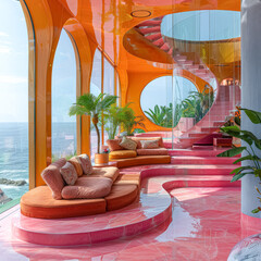 Wall Mural - A pink room with a spiral staircase and a view of the ocean