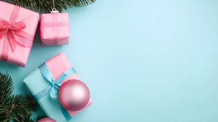 Canvas Print - Pink & Blue Christmas Gifts & Ornaments on Blue Background