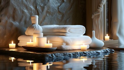 Wall Mural - Serene spa retreat featuring plush white towels and soft candlelight for ultimate relaxation