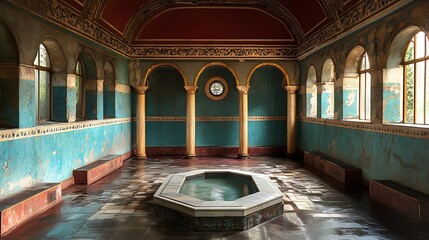 Empty ornate Victorian style bathing room with large tub, high ceiling and tiled floor