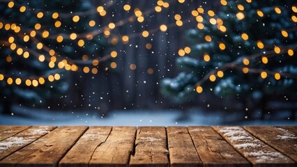 Wall Mural - rustic wood table winter mockup with glowing bokeh lights, snow, and pine trees background