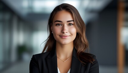 Wall Mural - Confident young professional in black suit smiling in contemporary office setting with a blurred backdrop