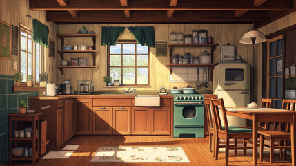 Anime style illustration of a retro style kitchen interior with comfortable anime wooden furniture