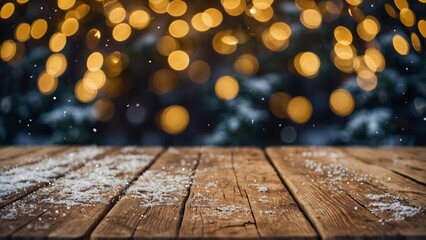 Wall Mural - rustic wood table winter mockup with glowing bokeh lights, snow, and pine trees background