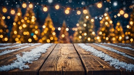 Wall Mural - rustic wood table winter mockup with glowing bokeh lights, snow, and pine trees background