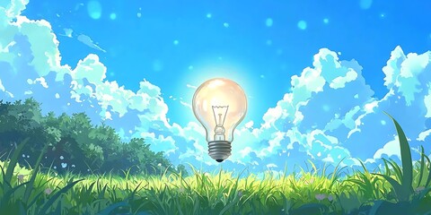 Glowing Lightbulb in a Field with Blue Sky, Inspiration, Ideas, Creativity Concept