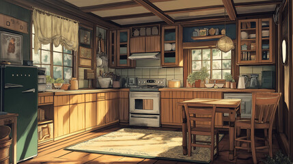 Anime style illustration of a retro style kitchen interior with comfortable anime wooden furniture