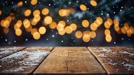 Wall Mural - rustic wood table winter mockup with glowing bokeh lights, snow, and pine trees background
