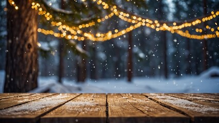 Wall Mural - rustic wood table winter mockup with glowing bokeh lights, snow, and pine trees background