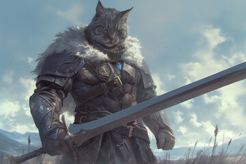 armored cat beastfolk warrior holding a sword under a bright sky prepared for an epic battle in the wilderness